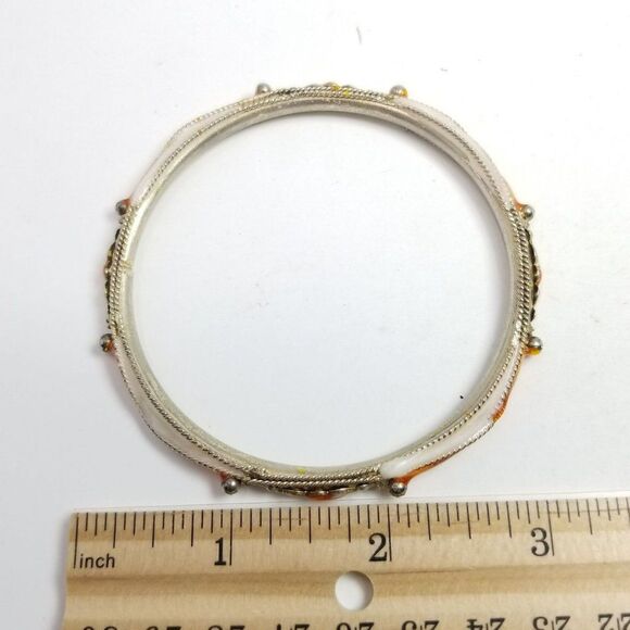 Vintage Orange and White Enamel Bangle Bracelet, Silver Tone Metal, Estate - Picture 4 of 6